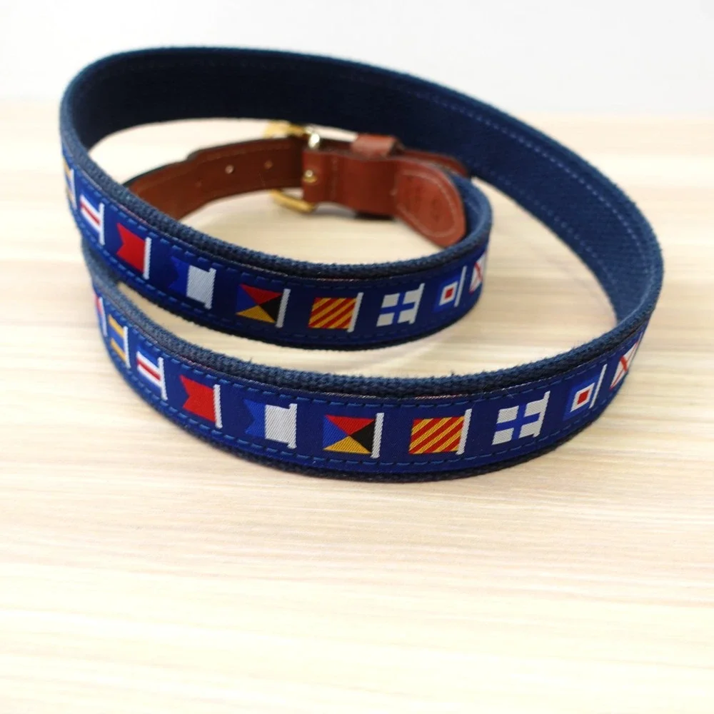 ZEP PRO Canvas Belt Mens 40 L Navy Nautical Flag Leather Solid‎ Brass Buckle USA
